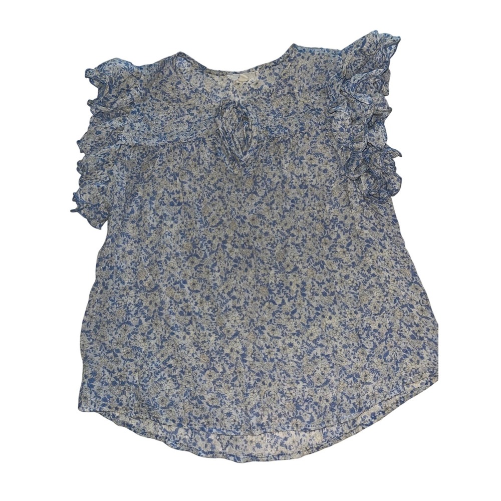 MINE Women Blue White Floral Ruffle Sleeve Keyhole Tie Neck Blouse Size M